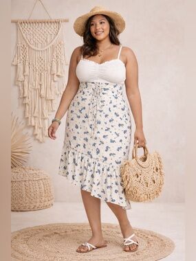 ELOQUII Bright Floral High-Low Asymmetrical Midi Skirt Plus Size 26 Boho Chic